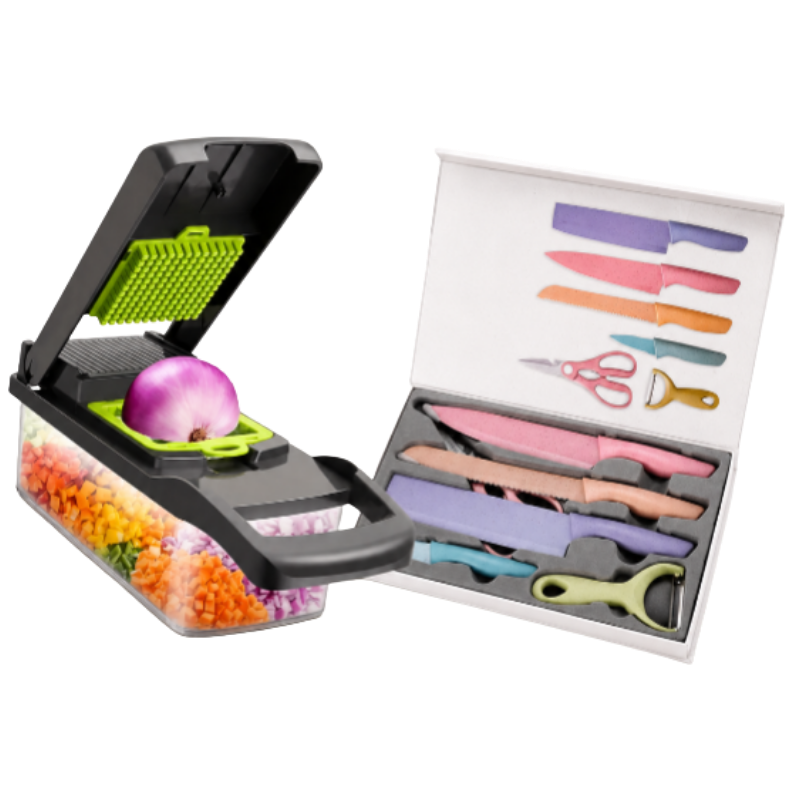 🔪 DUO REBANADOR 14 EN 1 + SET DE CUCHILLOS