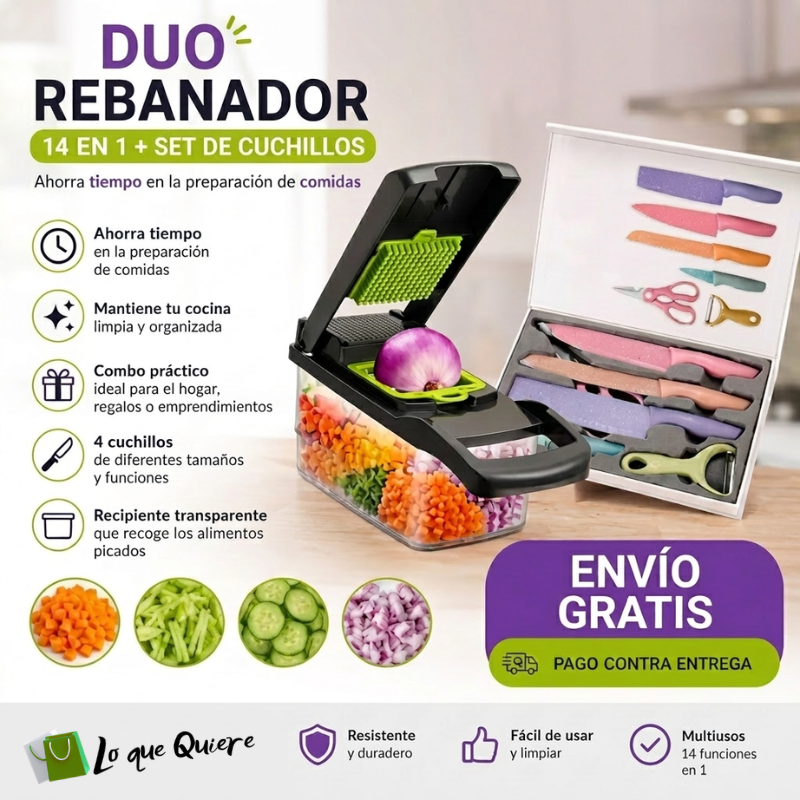 🔪 DUO REBANADOR 14 EN 1 + SET DE CUCHILLOS